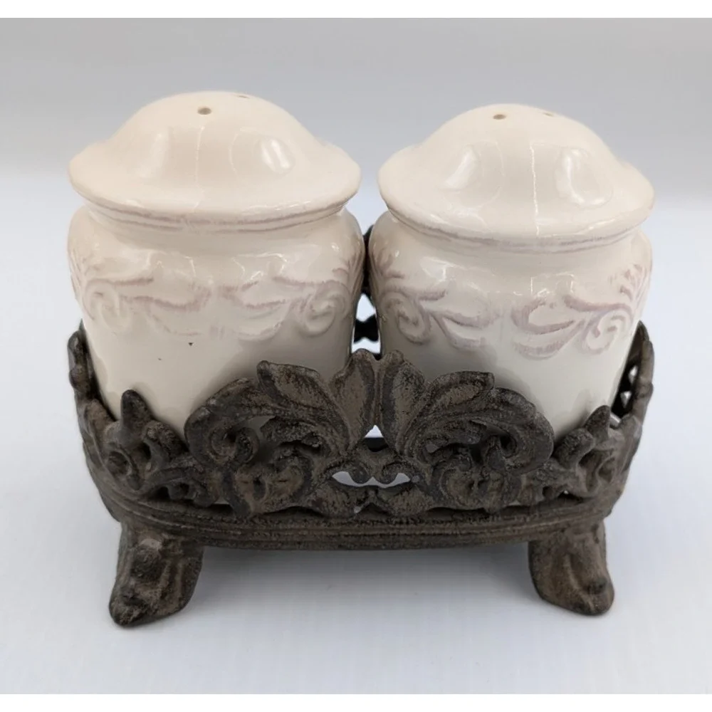 Chris Madden Corvella Ivory Salt Pepper Shaker Set Metal Stand Embossed Scrolls